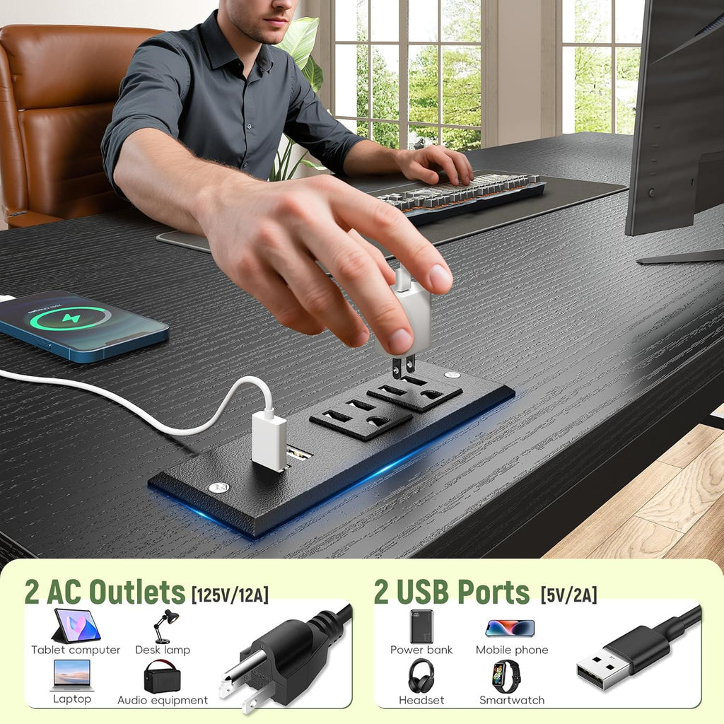 DurayLoly 39.3" Gaming Desk with Power Outlet and LED Lights,Computer Desk with Adjutable Monitor Stand and Drawer,Office Desk with CPU Stand for Home Work,Study and Gaming, Small Spaces,Black