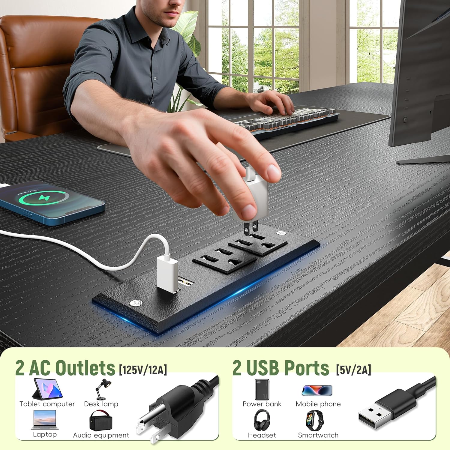 DurayLoly 39.3" Gaming Desk with Power Outlet and LED Lights,Computer Desk with Adjutable Monitor Stand and Drawer,Office Desk with CPU Stand for Home Work,Study and Gaming, Small Spaces,Black