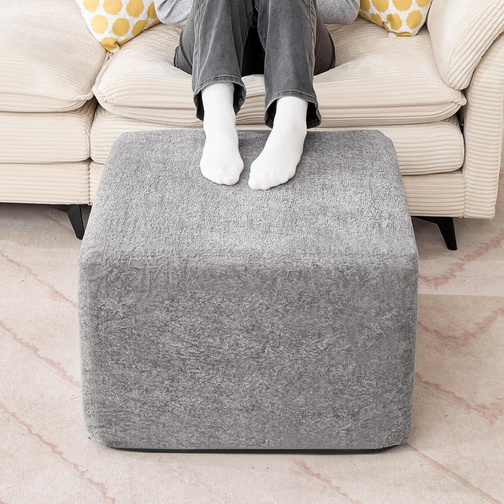 23.6'' Square Pouf Boneless Ottoman Foot Rest with High-Rebound Solid One-Piece Foam and Removable Washable Cover for Living Room, Gaming, Movie Watching - Grey