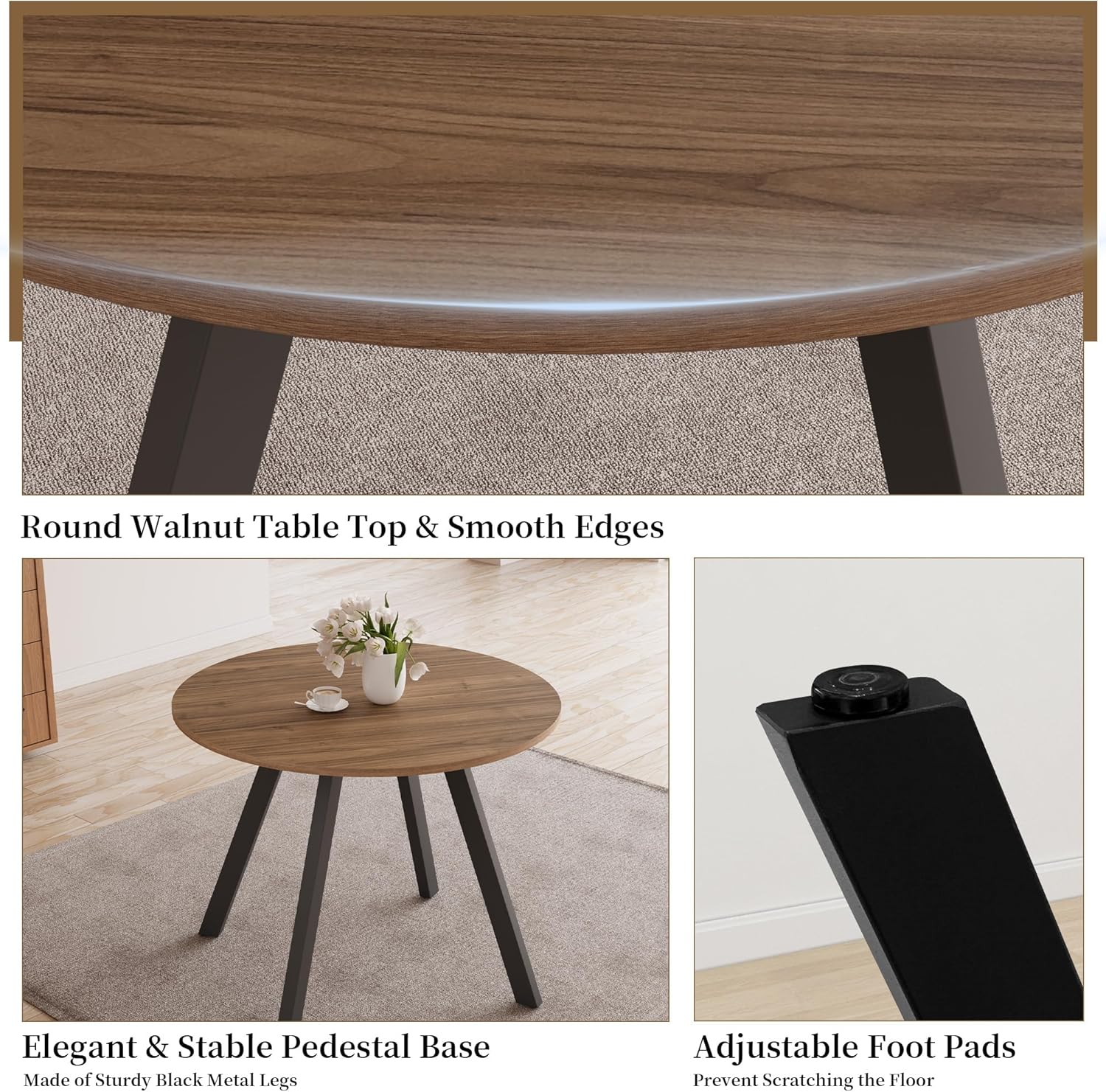 Zerifevni 34.6'' Dining Table and Chairs for 2, Mid Century Modern Round Table Set, Space Saving for Apartment Kitchen Dining Room (Walnut Table+2 Brown Chairs)