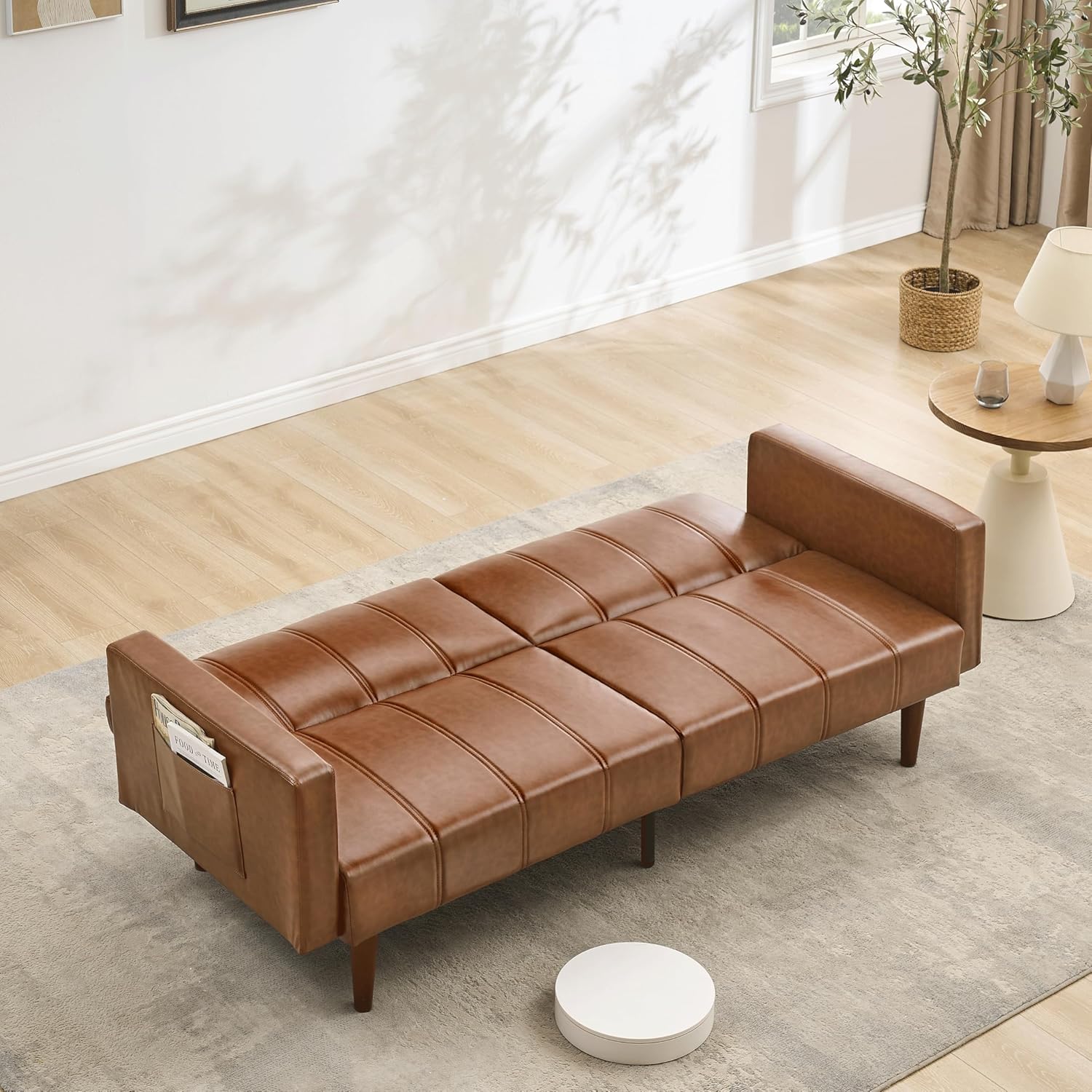 Garvee Modern Futon Sofa Bed, Convertible 75" Sleeper with Adjustable Backrest & Side Pockets, Mid-Century Brown PU Leather