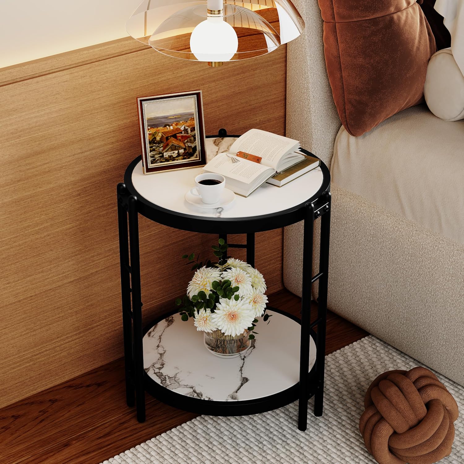 Alunaune Industrial End Table, 2-Tier Round Side Table, Small Modern Storage Shelf Metal Coffee Table Nightstand for Living Room Bedroom-White