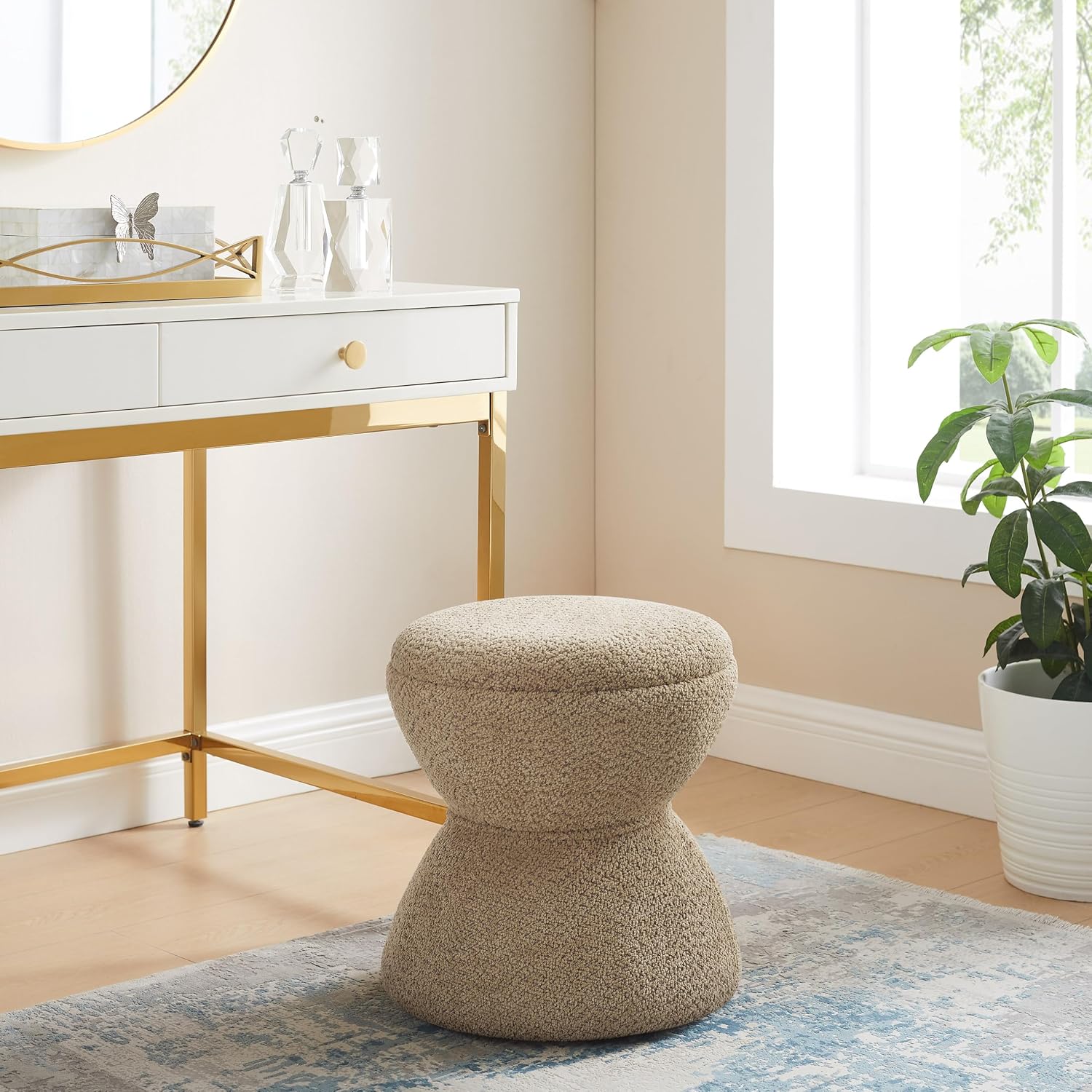 VANOMi Multi-Functional Boucle Ottoman, Set of 2, Vanity Stool Chair, Sturdy Wooden Footstool, Suitable for Living Room, Bedroom, and Entryway, Without Installation, Camel