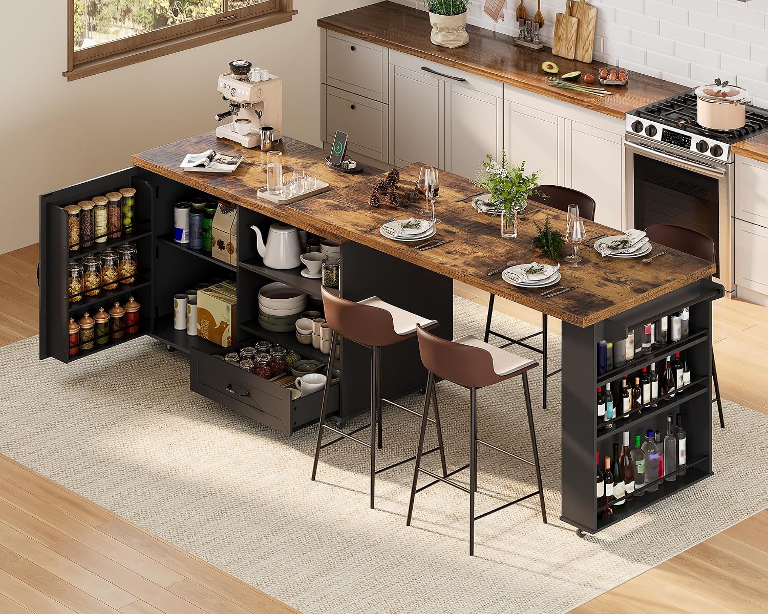 RALGEND Rolling Kitchen Island with 360° Swivel Tabletop, Large Kitchen Island Table with Power Outlet, Mobile Kitchen Island Cart with Storage Cabinets for Kitchen & Office, Black and Rustic Brown