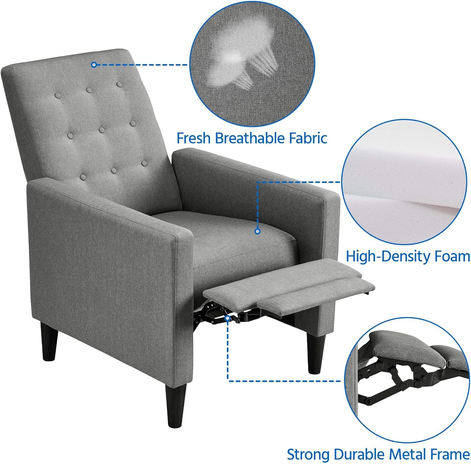 Yaheetech Fabric Recliner Chair with Adjustable Back & Footrest, Mid-Century Modern Accent Armchair Reading Chair, Tufted Upholstered Sofa with Pocket Spring for Living Room Bedroom Gray