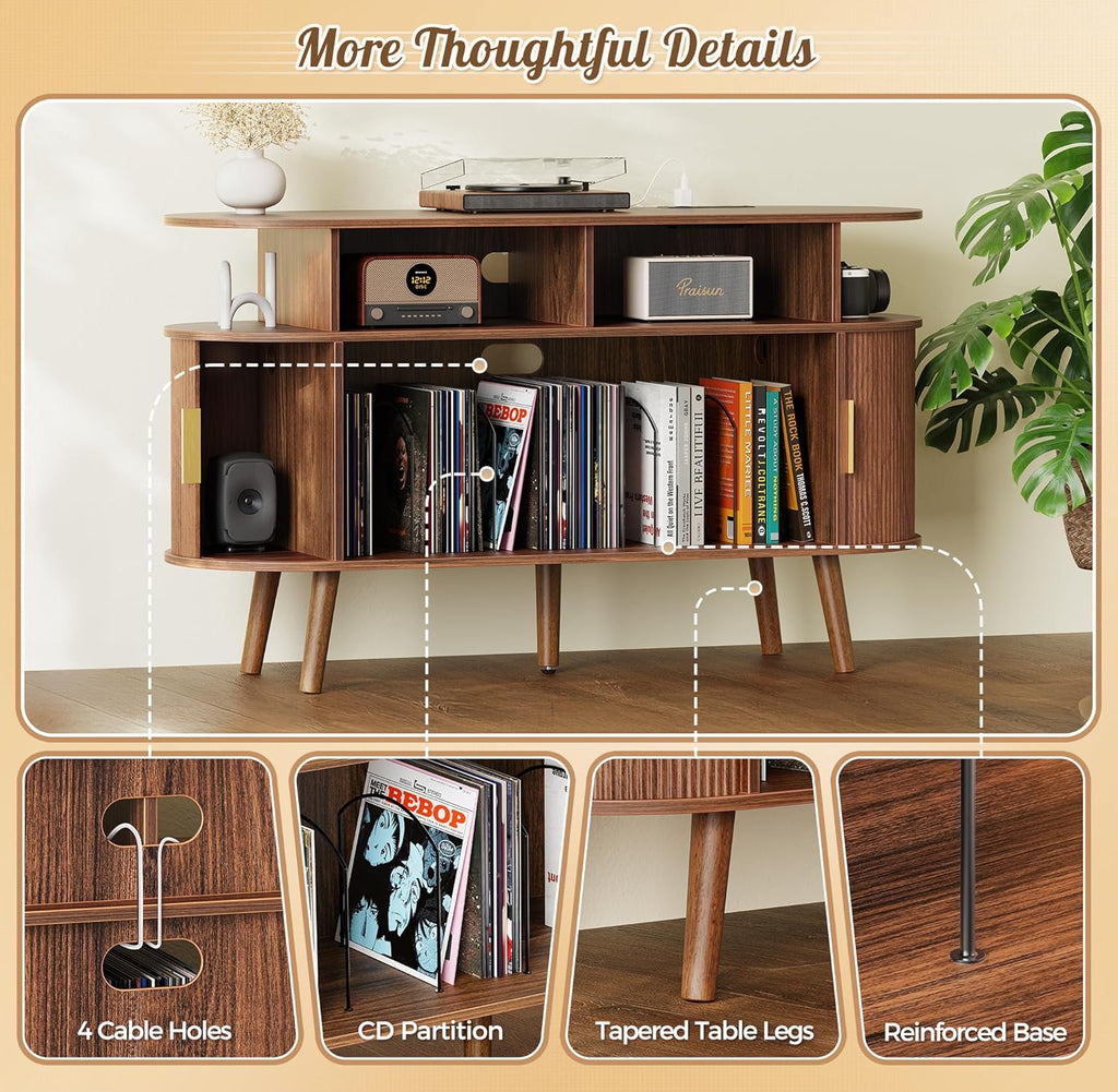 PRAISUN 47.2 Inch Large Record Player Stand with Power Outlets & 3-Color Lights, Vinyl Record Stand with 2 Fluted Cabinets, USB-C Port, Mid Century Modern Player Stand, Open Storage, Walnut