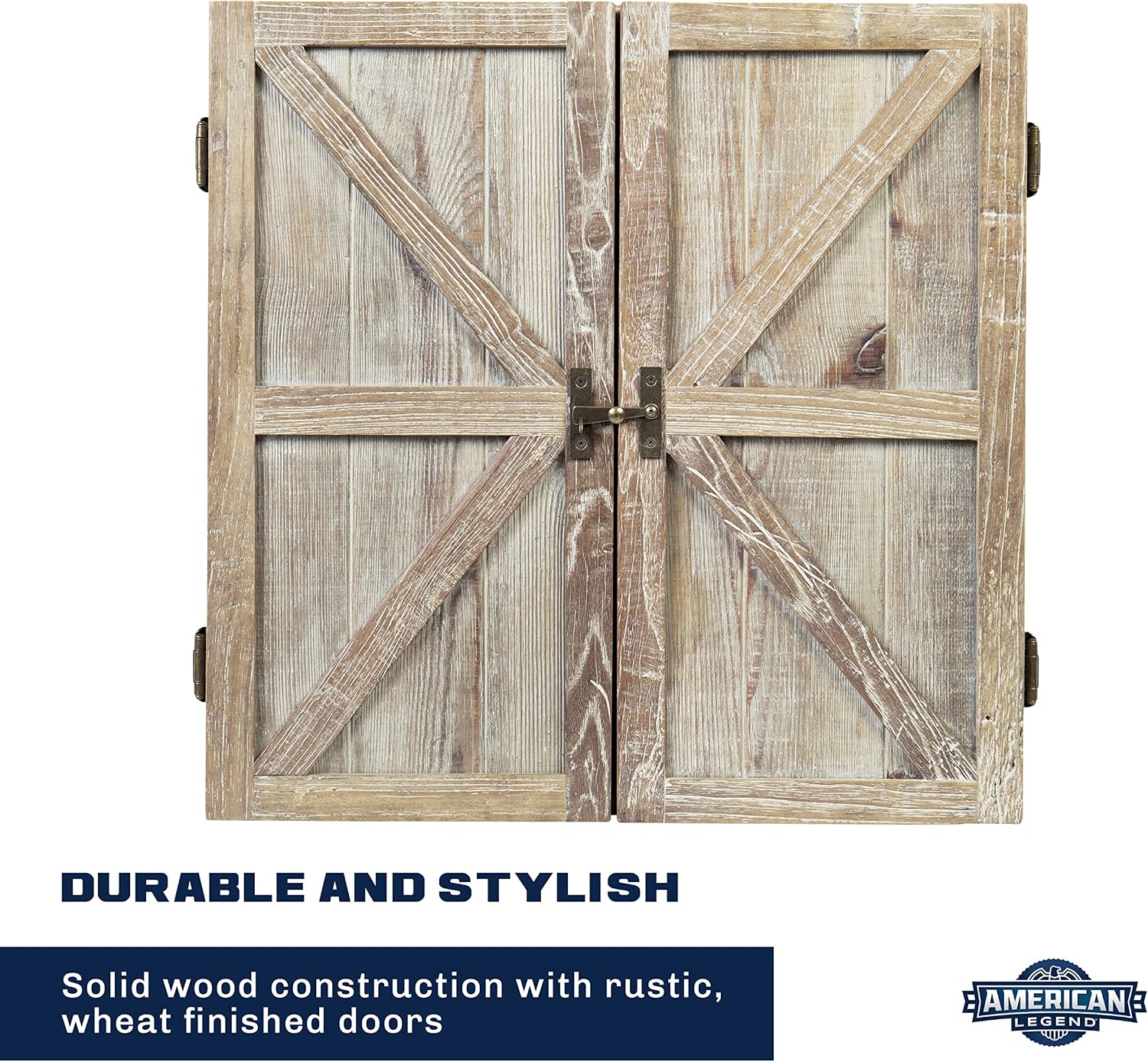 American Legend Barnwood Dartboard Cabinet with Wheat Finished Barn Style Doors - Dartboard Not Included