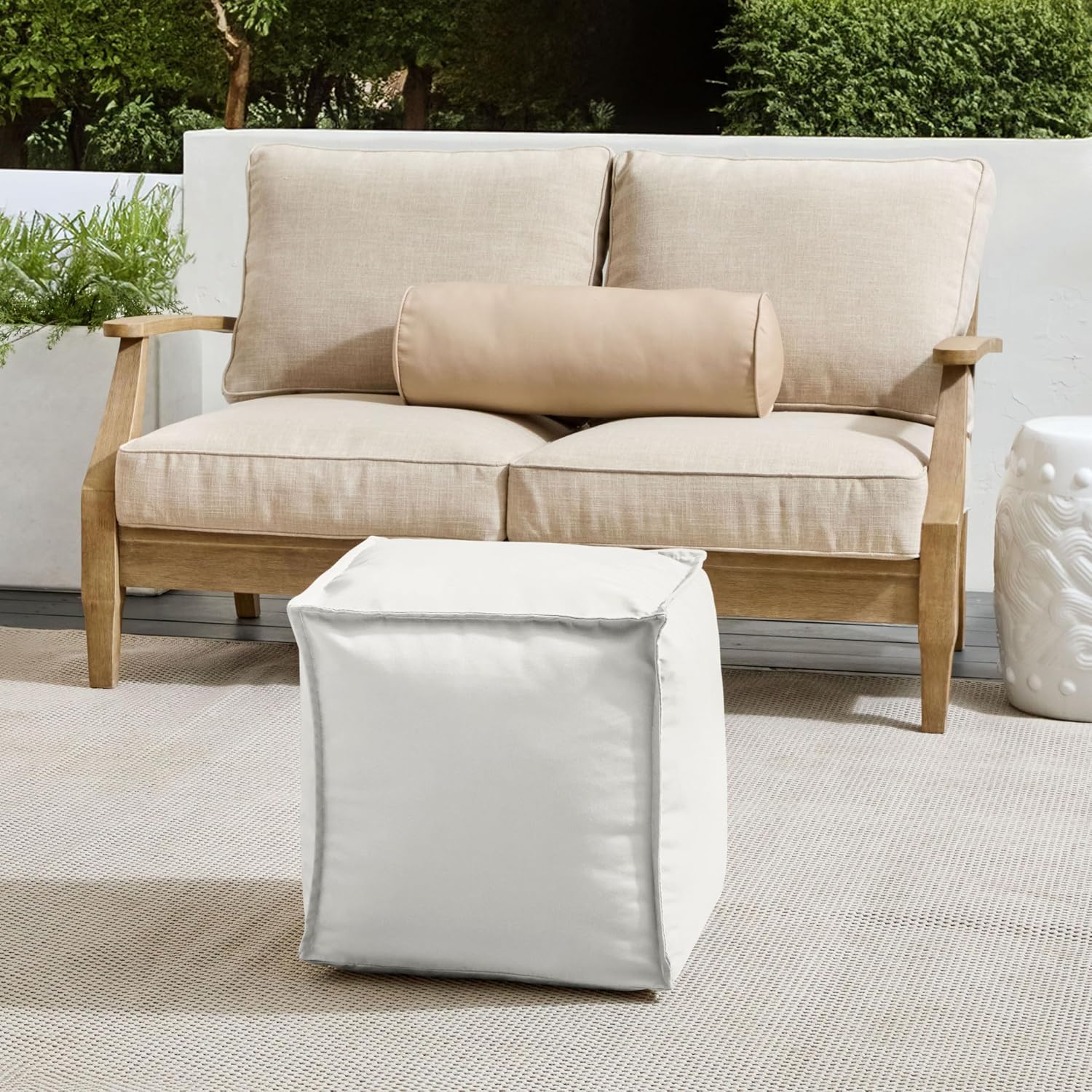 Sorra Home Sunbrella Top Stitch Pouf Cushion - Square, Outdoor Stuffed Plush Ottoman & Foot Rest Stool - Balcony, Patio, Poolside Furniture Accessory - Canvas Natural (17" x 17" x 17")