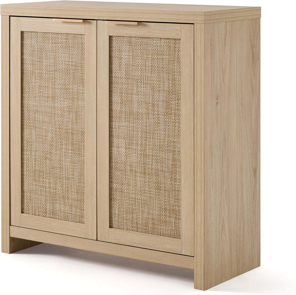 OAKHAM HOME Rattan Sideboard Buffet Cabinet with Storage, Boho Farmhouse Credenza with Adjustable Shelves, Decorative Coffee Bar Cabinet for Kitchen, Living Room & Entryway Organization, Light Oak