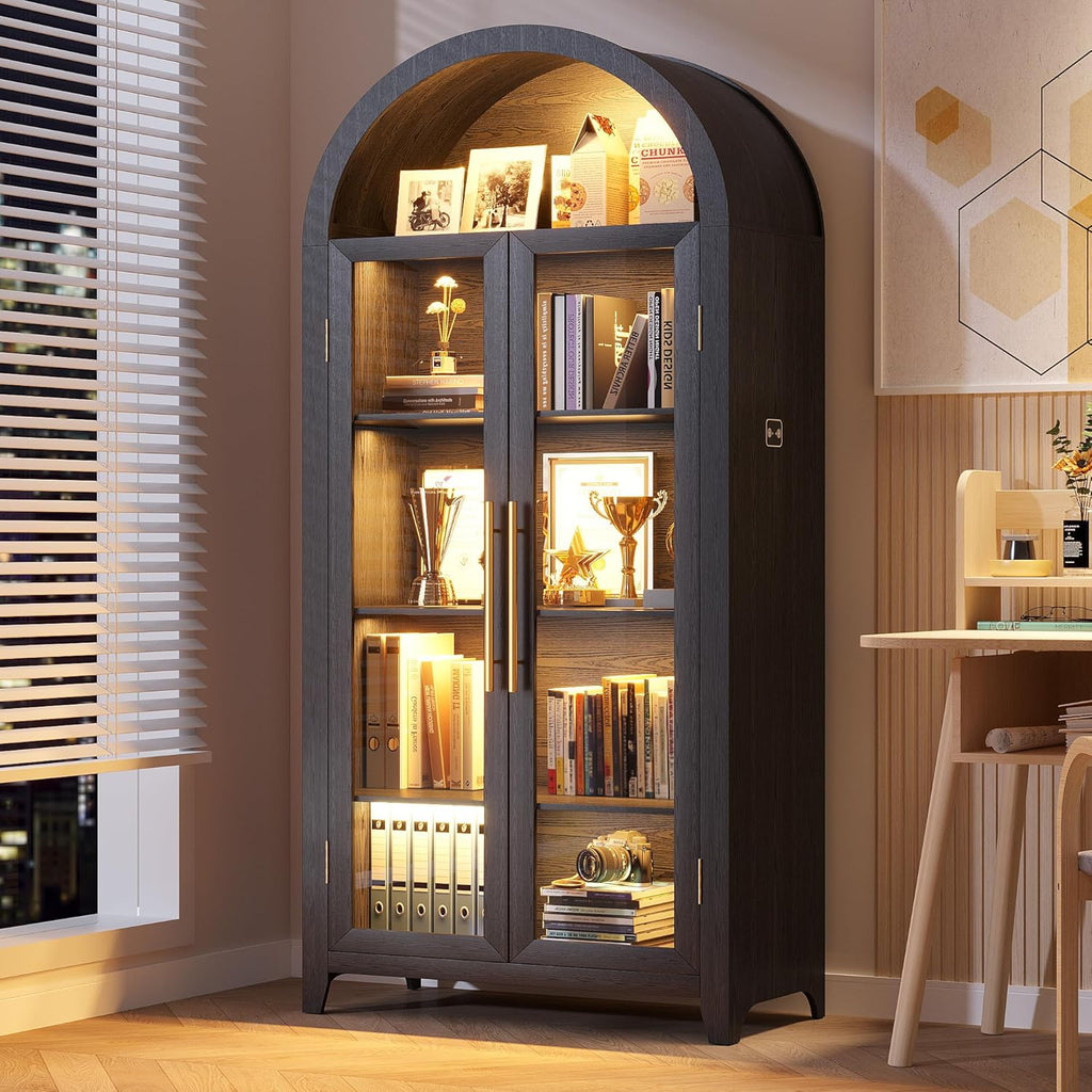 LVSOMT 71” Arched Curio Cabinet with Glass Doors, Display Cabinet with Human Sensor LED Light, 5 Tier China Cabinet with Adjustable Shelf, Tall Bookcase with Storage for Home Black