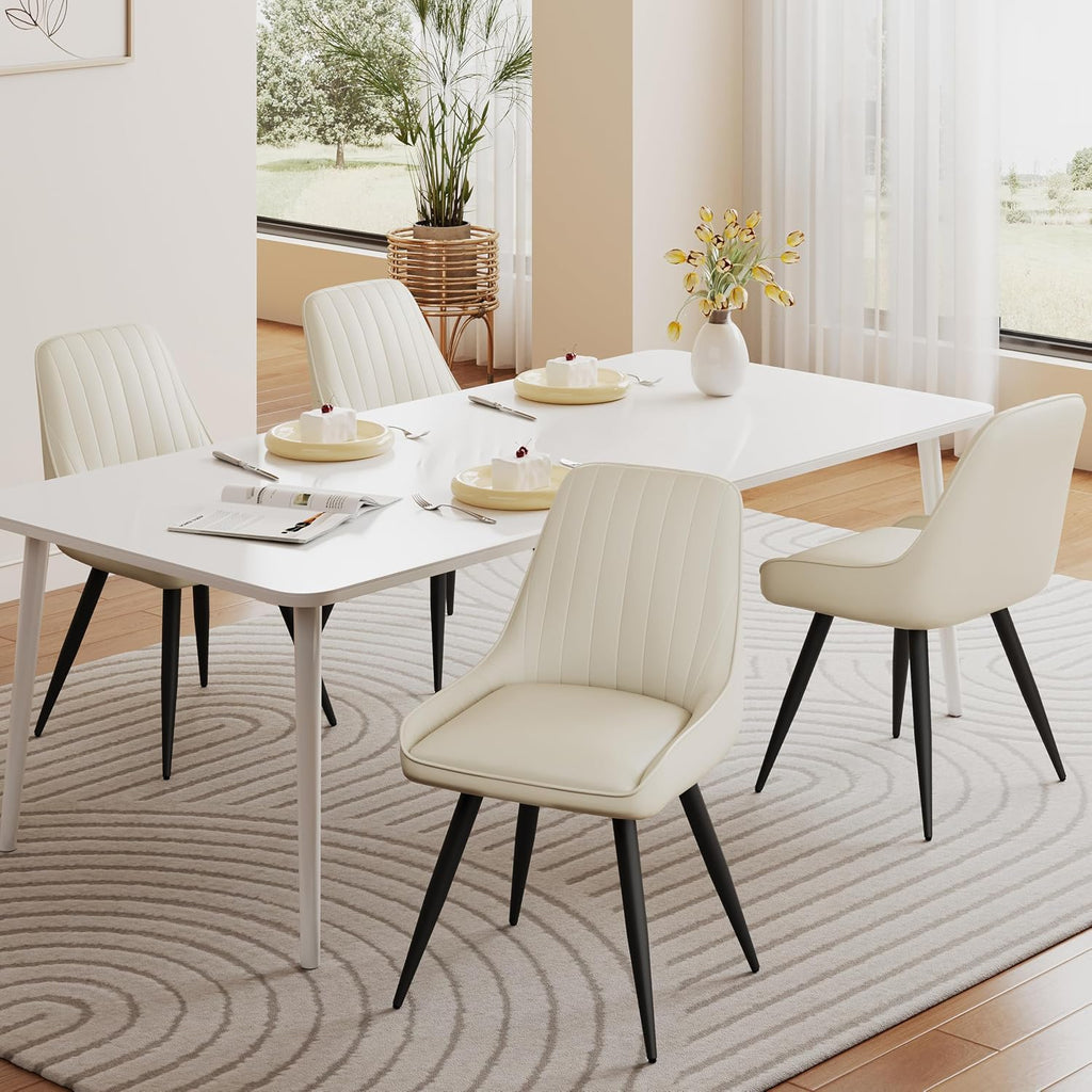 Alunaune Modern Dining Chairs Set of 6, Mid Century Upholstered Kitchen Chairs Anti Scratch Armless Leisure Accent Chair, Living Room Faux Leather Desk Side Chair with Metal Legs-Beige