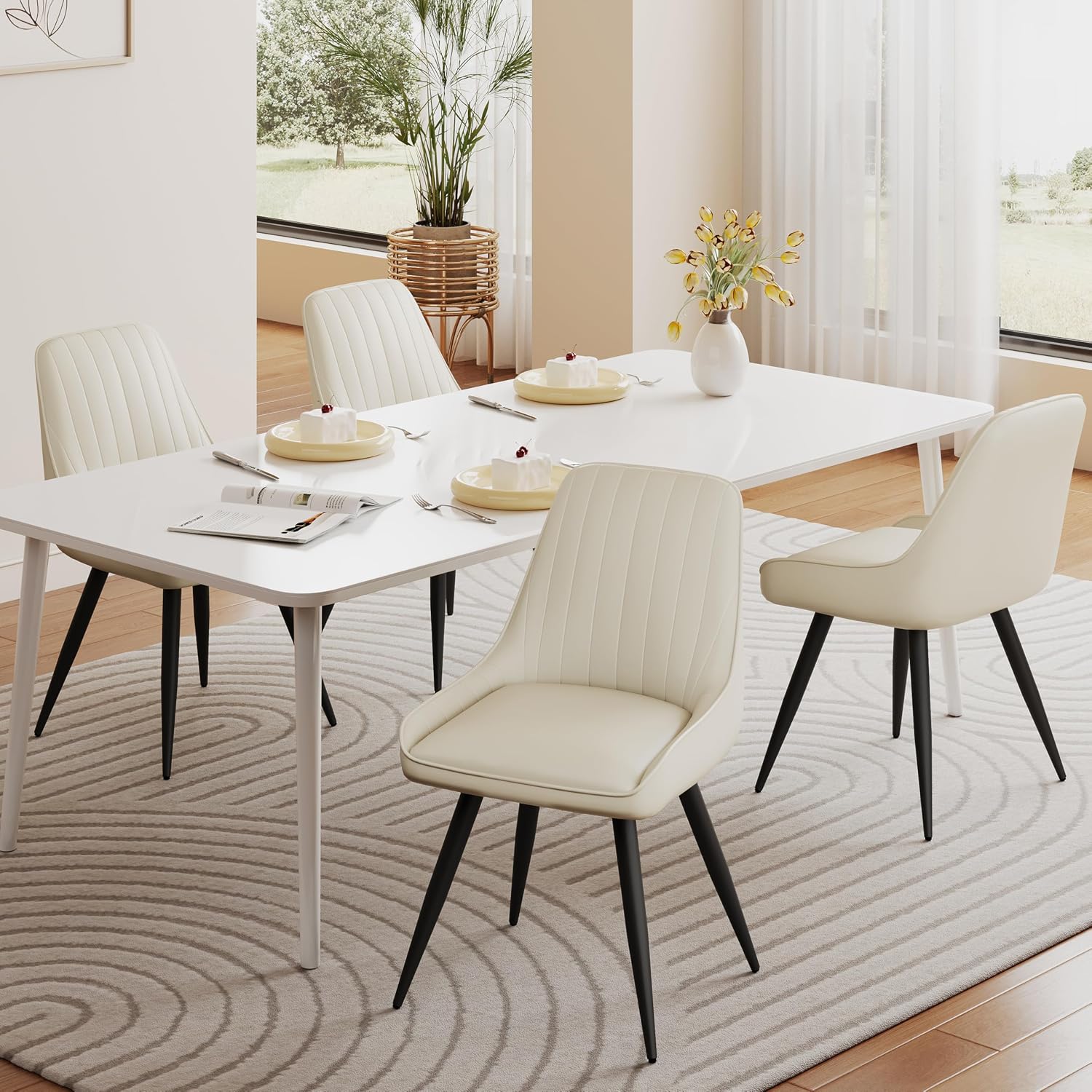 Alunaune Modern Dining Chairs Set of 6, Mid Century Upholstered Kitchen Chairs Anti Scratch Armless Leisure Accent Chair, Living Room Faux Leather Desk Side Chair with Metal Legs-Beige