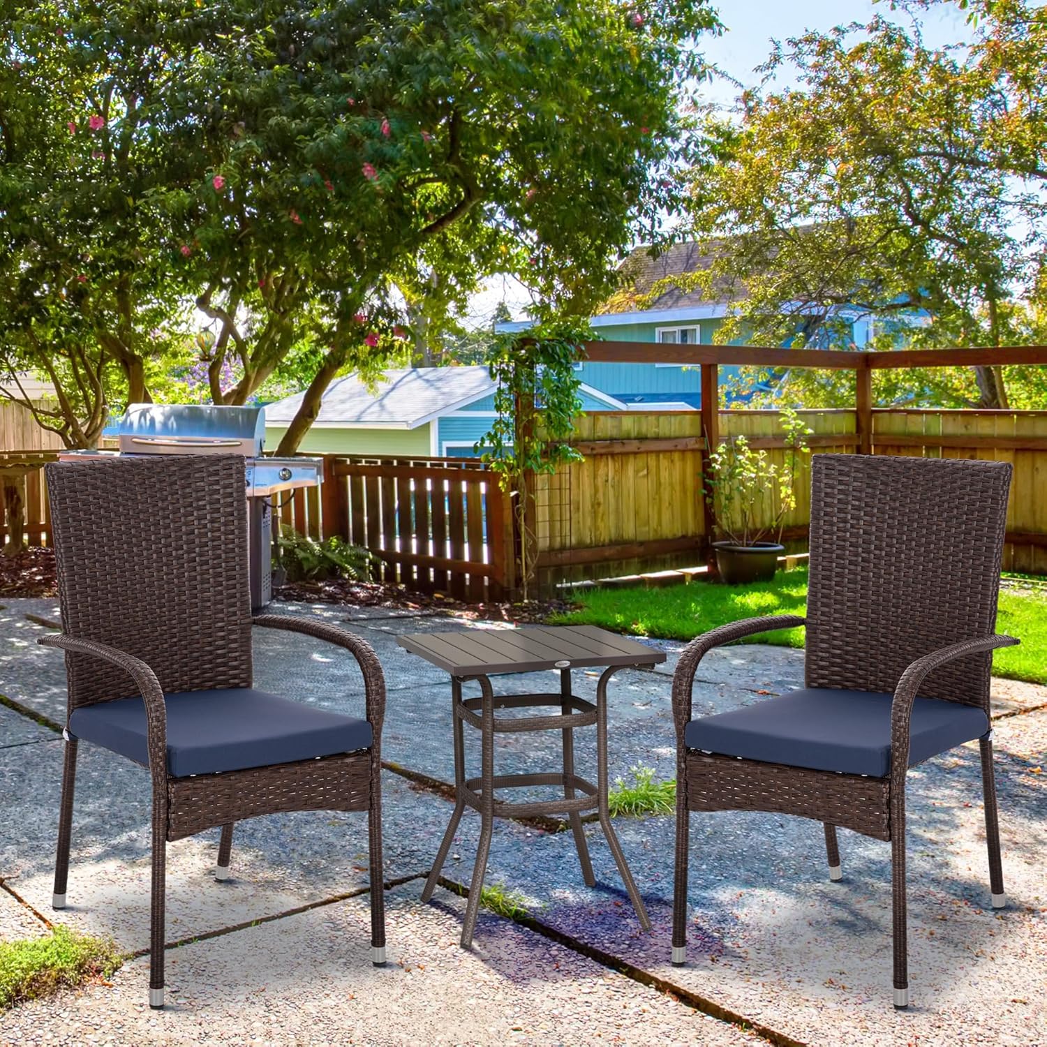 Patio Dining Chairs, Stackable PE Rattan Wicker Outdoor Dining Chairs with Cushion Armrests Backrest, Blue Patio Chair Garden Chair for Backyard Patio Balcony Dining Seating
