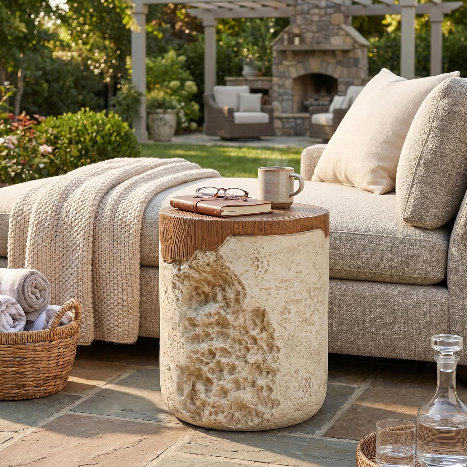 Elsie Outdoor Patio MGO Round Side Table, Rustic Accent End Table with Wood Grain Top and Textured Beige Base, Organic Modern Stand for Balcony Living Room Bedroom Garden