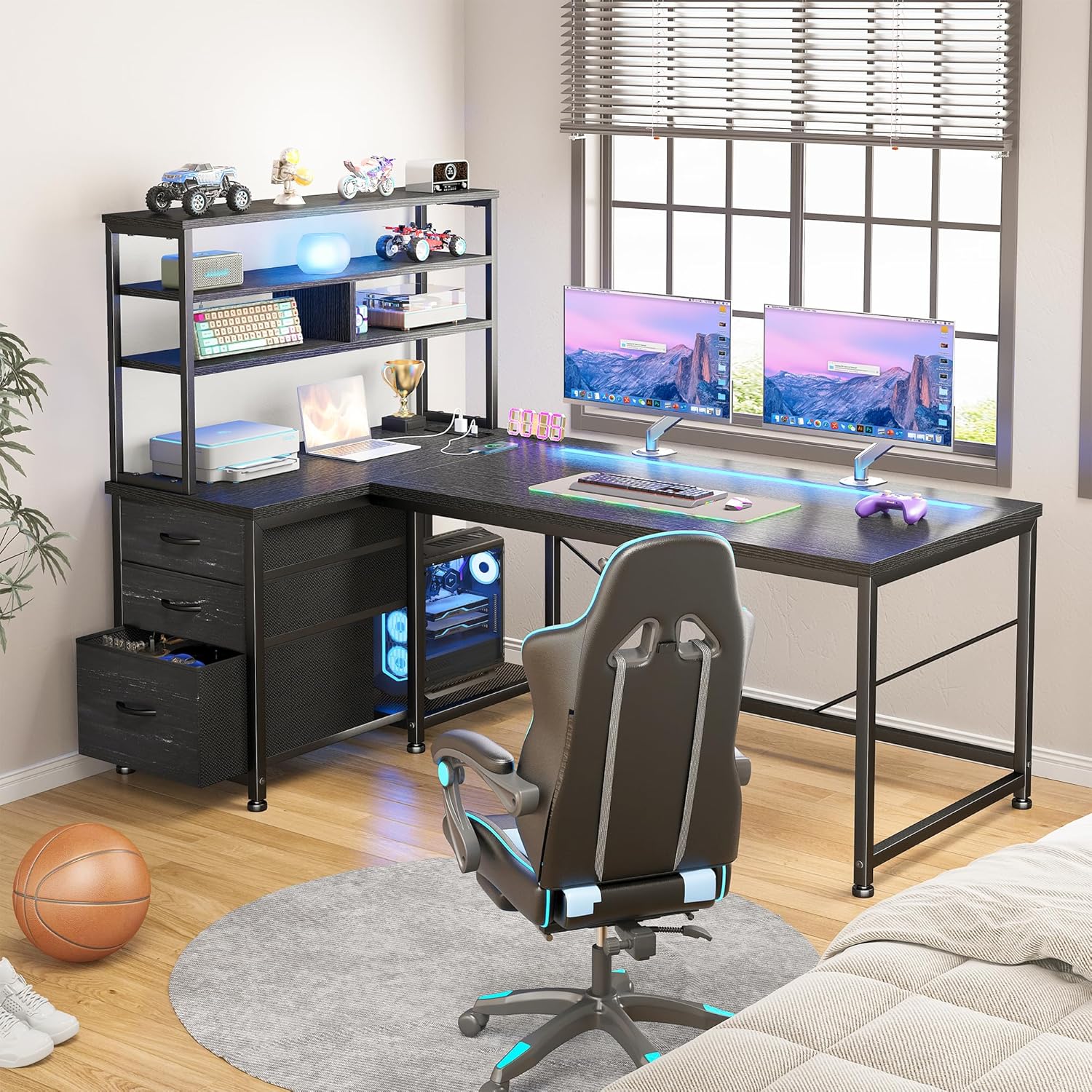 55''Gaming Desk L Shaped Desk with 3 Fabric Drawers & Shelves, Reversible Computer Desk with Remote LED Lights, Power Outlet and PC Stand of Home Office Desk for Bedroom,Dorm,Gaming Room,Black
