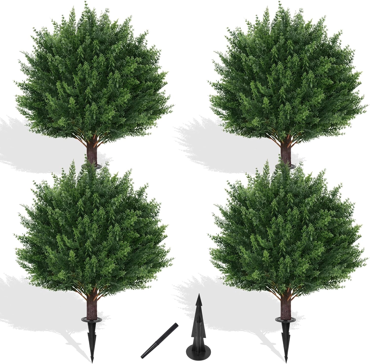 Yangrass Artificial Set of 4 Cedar Topiary Trees with Ground Spike, 4 Pack Artificial Plants with UV Resistant, Faux Evergreen Tree for Indoor Outdoor