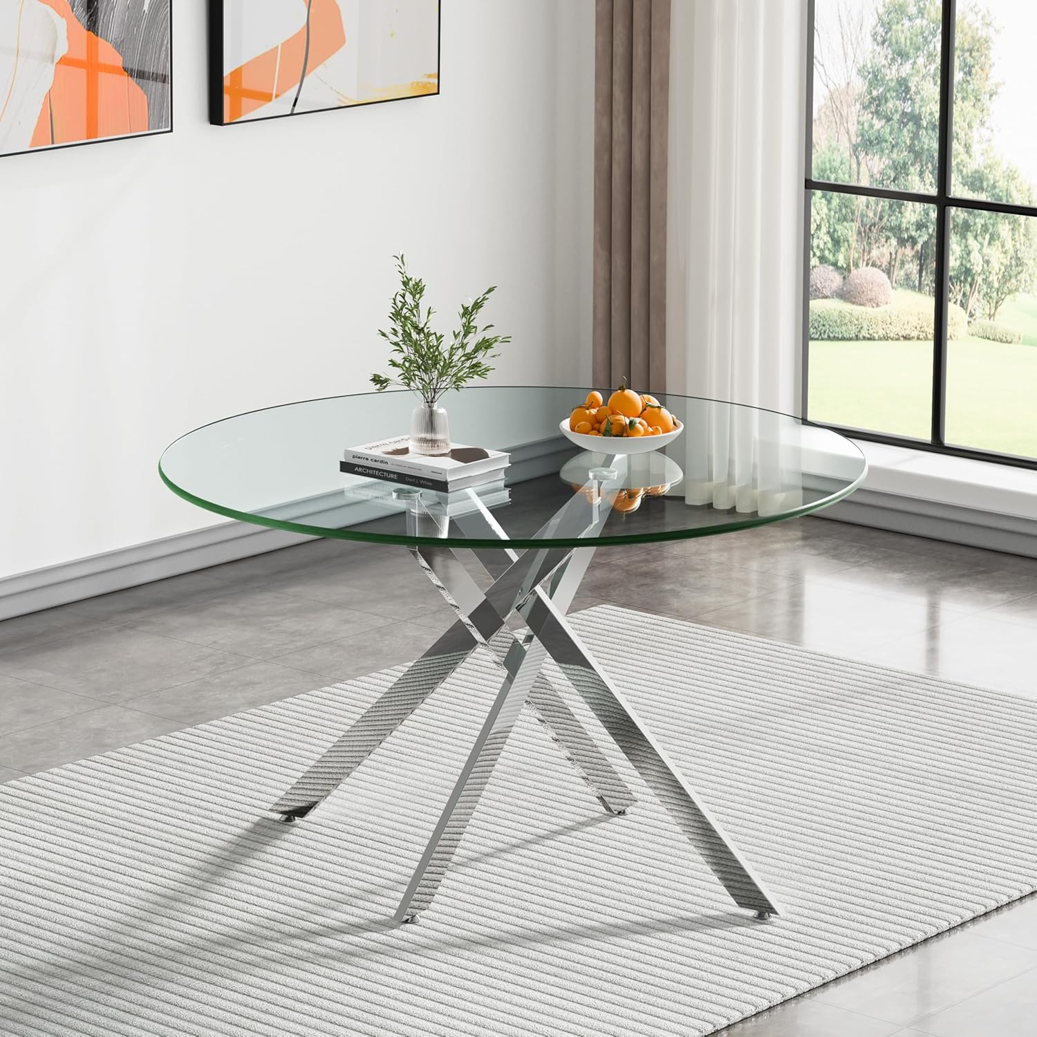 Modern 5 Piece Glass Dining Table Set, 47.2" Round Dining Table Set for 4, Glass Dining Room Kitchen Table with X-Shape Silver Metal Leg & 4pcs Beige Dining Chairs, Modern Circle Glass Dining Set