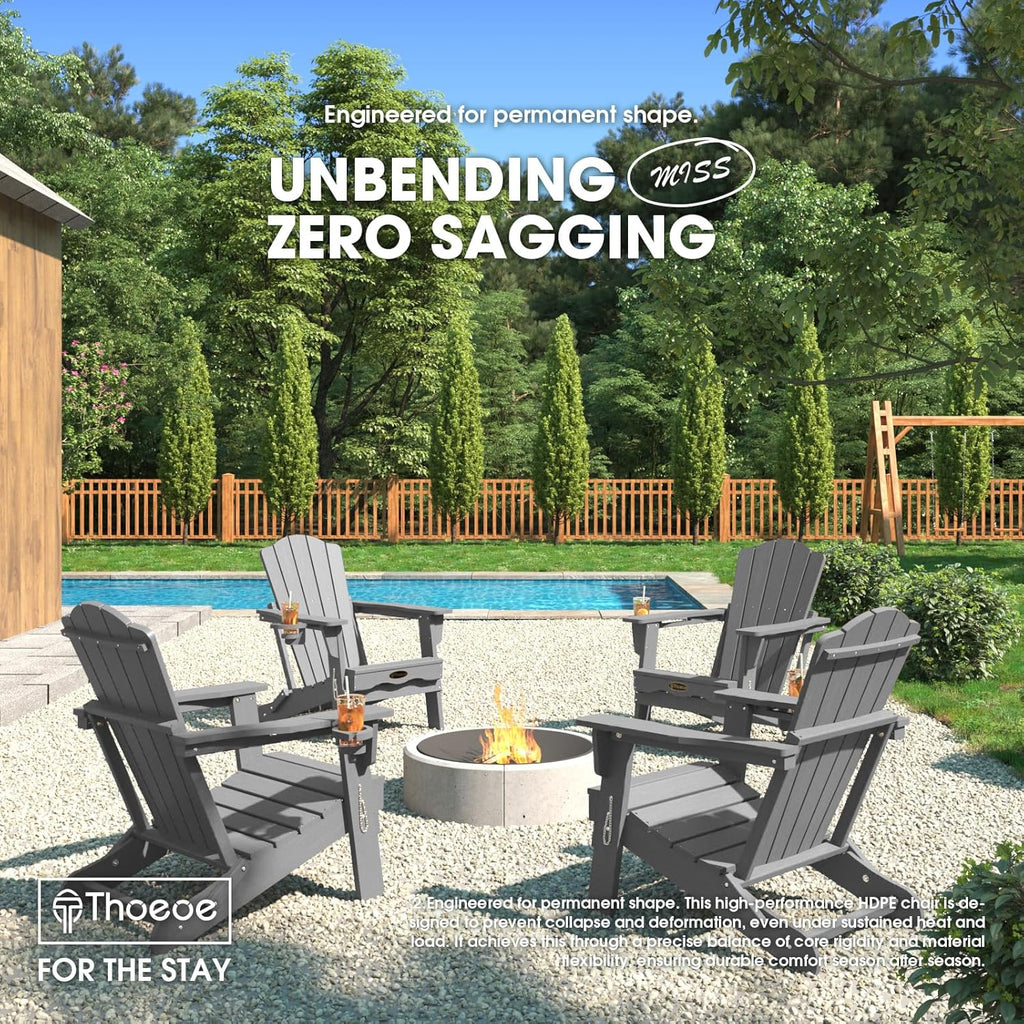 THOEOE Folding Adirondack Chair,HDPE All-Weather Outdoor Chair with Cup Holder,Wooden Textured,Fire Pit Chair,Plastic Patio Chair for Deck,Backyard,Garden,Lawn, Grey