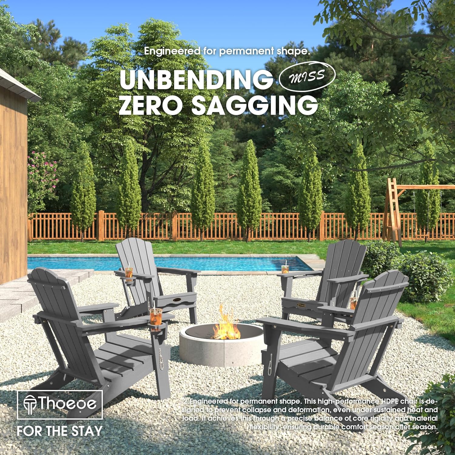THOEOE Folding Adirondack Chair,HDPE All-Weather Outdoor Chair with Cup Holder,Wooden Textured,Fire Pit Chair,Plastic Patio Chair for Deck,Backyard,Garden,Lawn, Grey