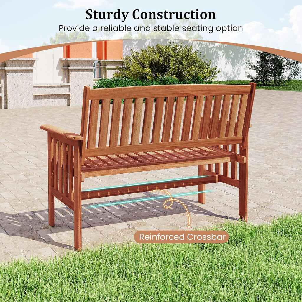 Tangkula Outdoor Wood Garden Bench, 2-Person Patio Park Bench with Backrest, Armrests and Slatted Seat, Outside Loveseat Furniture for Front Porch, Balcony, Deck and Yard