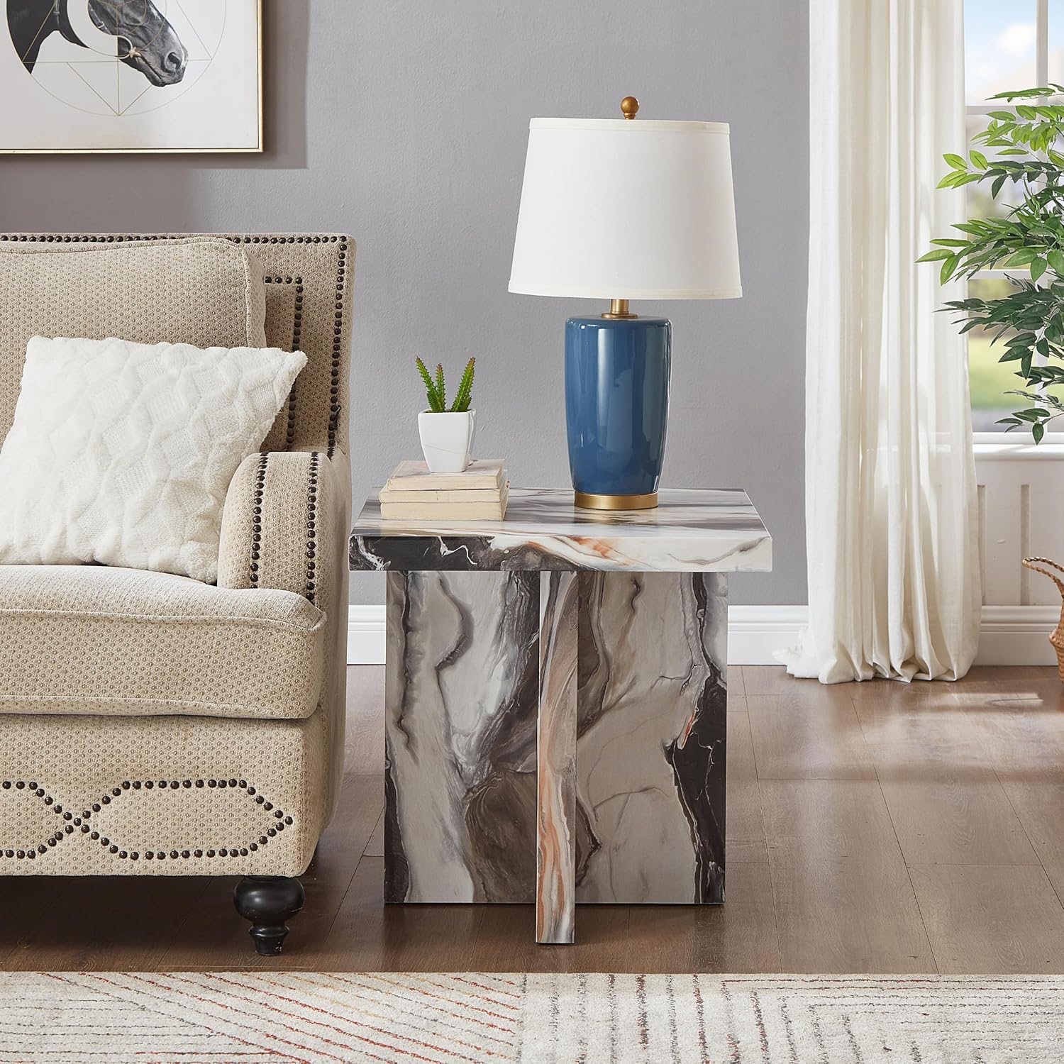 Roundhill Furniture Cavira Modern Faux Marble Living Room Side Table, Off-White