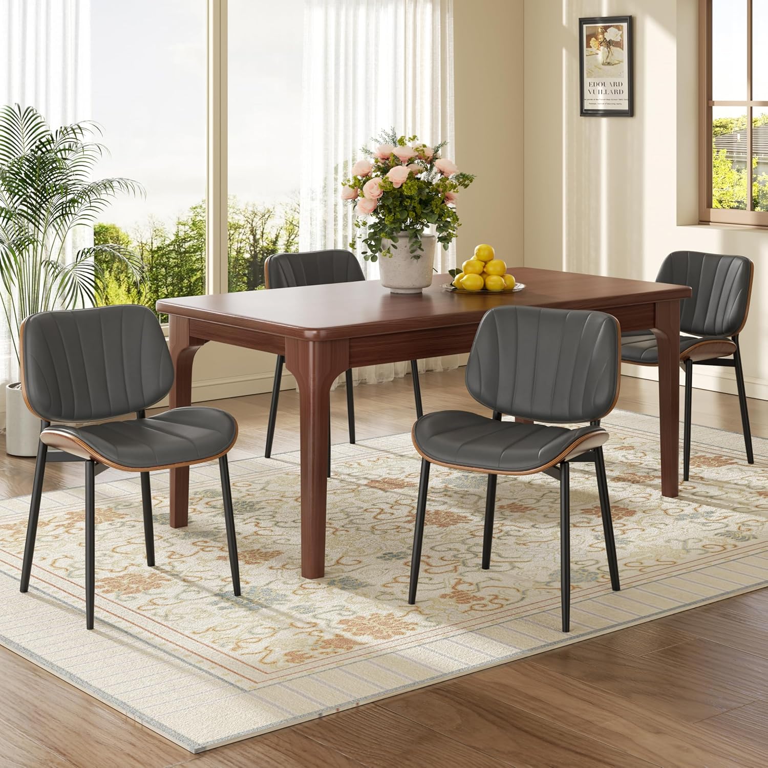 Dining Chairs Set 2 Solid Wood Backrest Modern Metal Chairs Upholstered Pu Leather Dining Chairs with Adjustable Foot Pad for Kitchen Dining Room Deep Grey