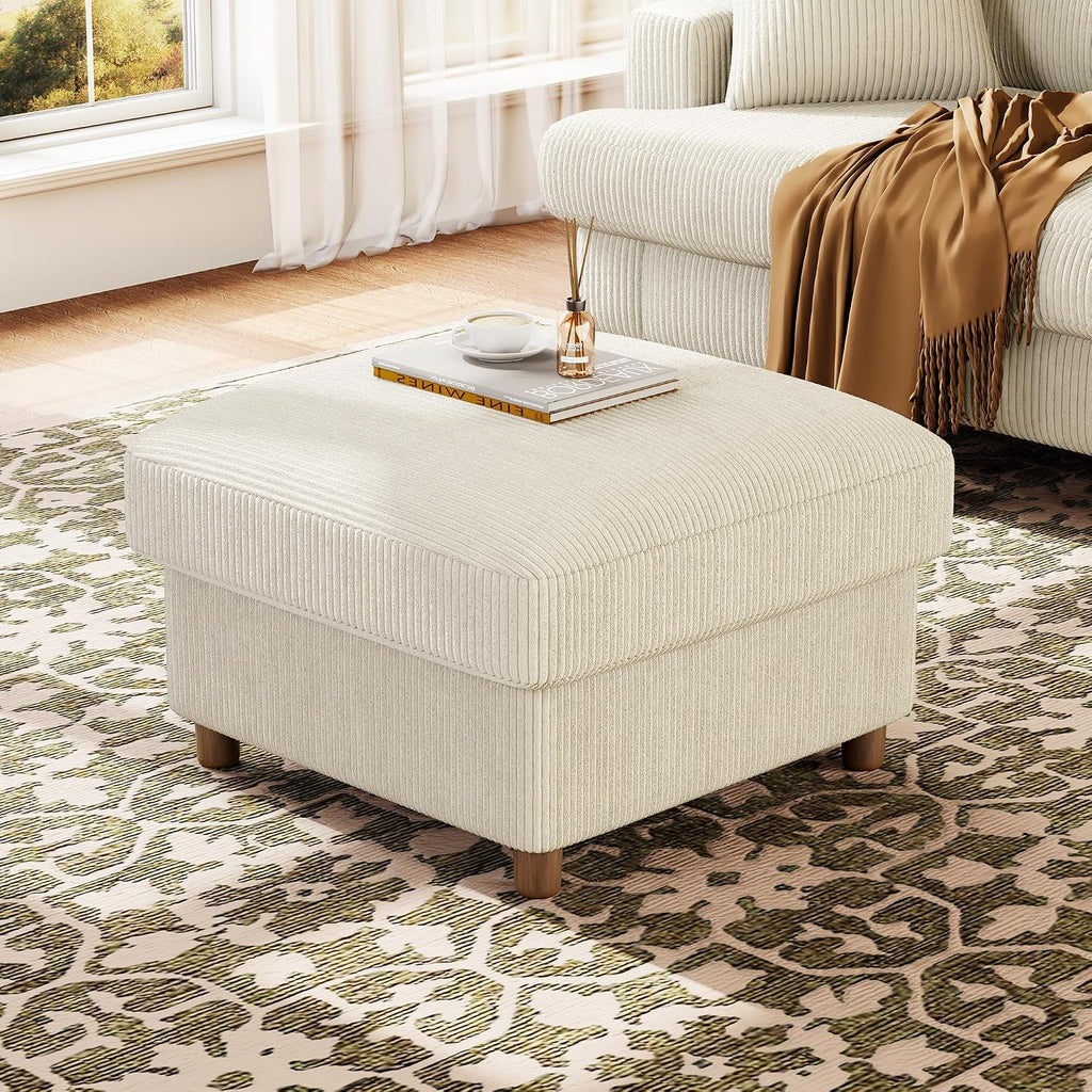 Kidirect Corduroy Ottoman with Storage, 25" Oversize Ottomans, Tool-Free Setup Storage Bench for Bedroom, Solid Wood Foot Rest, Comfy Foot Stool, Square Ottoman Coffee Table for Living Room, Beige