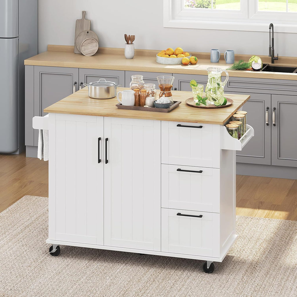 Yaheetech Kitchen Island with Drop-Leaf Breakfast Bar, 53" Width Kitchen Cart on 5 Universal Wheels with Rubberwood Top, Storage Cabinet, 3 Drawers, and Spice Rack for Dining Room, White