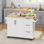 Yaheetech Kitchen Island with Drop-Leaf Breakfast Bar, 53" Width Kitchen Cart on 5 Universal Wheels with Rubberwood Top, Storage Cabinet, 3 Drawers, and Spice Rack for Dining Room, White