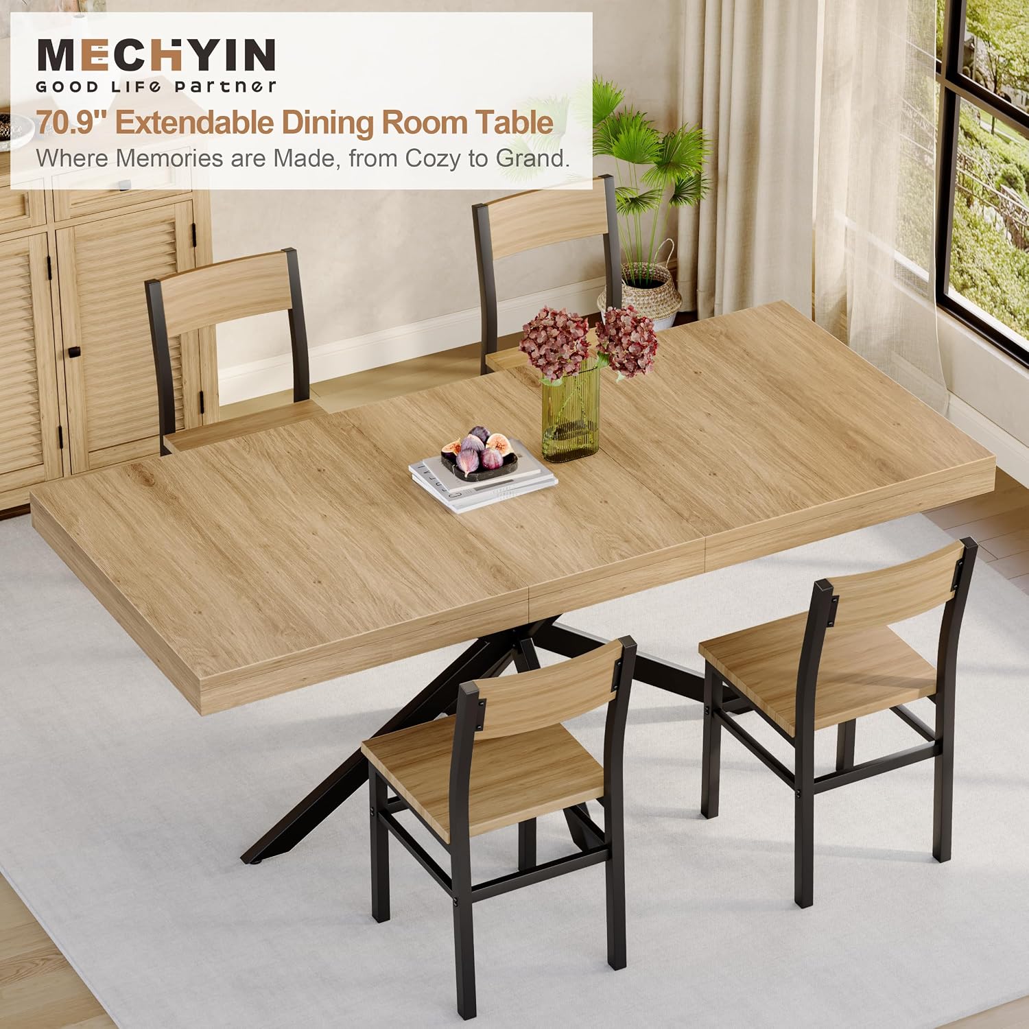 MECHYIN 55''-70.9'' Extendable Dining Room Table for 4-6-8, Rectangle Expandable Dining Table with Removable Leaves Space Saving, Kitchen Table with Hidden Storage for Kitchen Dining Room Office,Oak