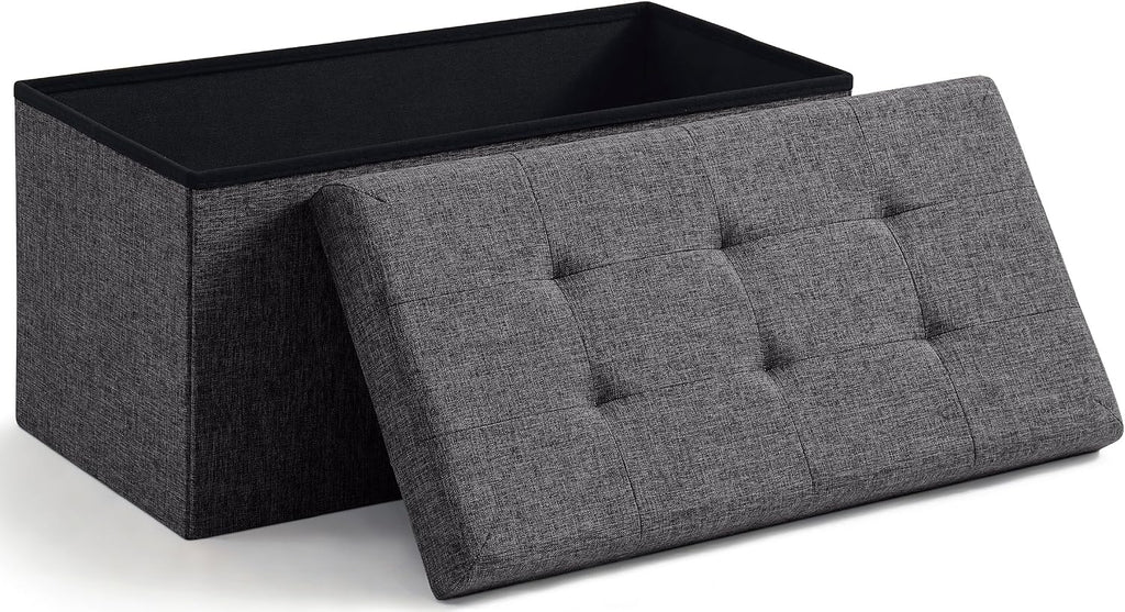 Ornavo Home 30 Inch Folding Storage Ottoman Bench, Tufted Linen, Dark Gray | Upholstered Large Ottoman with Lid; Foot Rest Stool; Ideal for Bedroom, Living Room or Entryway