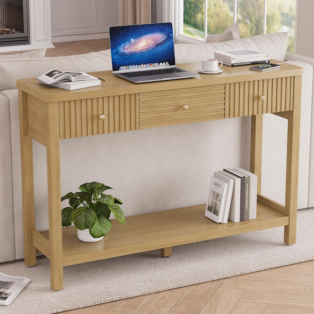 47 Inch Fluted Console Table with Outlets and USB-C Port, Mid Century Modern Sofa Table with 3 Drawers and Open Shelf, Entryway Table with Charging Station for Behind Couch, Hallway, Foyer, Oak