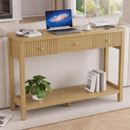 47 Inch Fluted Console Table with Outlets and USB-C Port, Mid Century Modern Sofa Table with 3 Drawers and Open Shelf, Entryway Table with Charging Station for Behind Couch, Hallway, Foyer, Oak