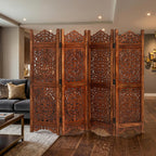 Lightnpro 4 Panel Royal Octagon Wooden Room Divider 64"(W) x 48"(H) Handmade Heart Design Partition, Intricately Carved, Hinged & Foldable, Pre-Assembled Privacy Screen Burnt Finish