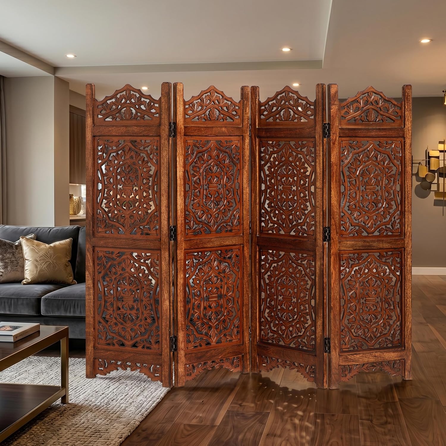 Lightnpro 4 Panel Royal Octagon Wooden Room Divider 64"(W) x 48"(H) Handmade Heart Design Partition, Intricately Carved, Hinged & Foldable, Pre-Assembled Privacy Screen Burnt Finish