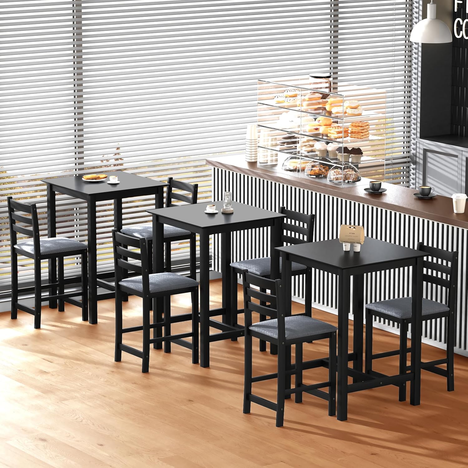 27.5 inch Bar Table and Chairs Set, Solid Wood Bar Height Pub Table and Chairs Set of 4, Counter Height Table Set, Square High Top Table and Chairs Set for Dining Room