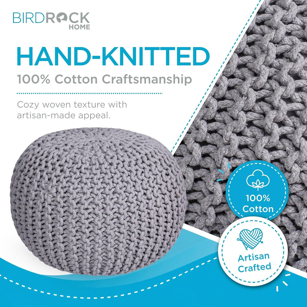 BIRDROCK HOME Round Pouf Ottoman Foot Rest - 18.5”x18.5”x15” Boho Compact Comfortable Soft Cotton Braided Foot Stool with Bean Bag Filling for Living Room, Bedroom, or Nursery (Light Gray)