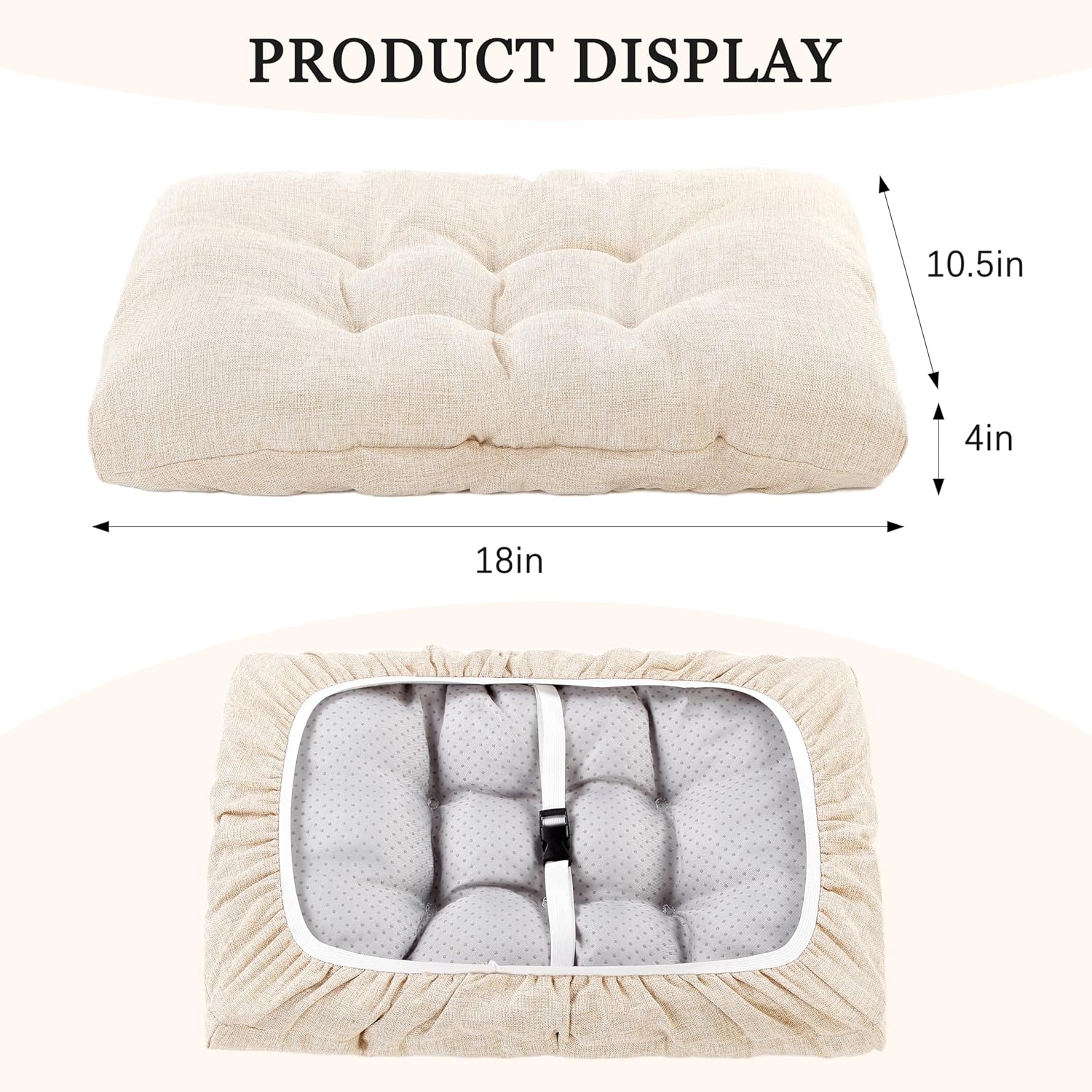 Rectangular Stool Cushion Set of 2, Soft Saddle Stool Cushions with Ties, Nonslip and Washable, Beige, 18 x 10.5 x 4 Inch