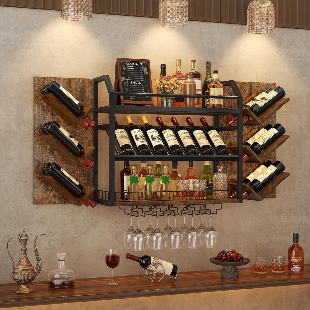 Hoctieon 48.6in Wall Mounted Wine Rack, 3 Tier Hanging Wine Racks with Glass Holder, Large Capacity Bar Shelves, Metal Wood Bottle Display Storage for Kitchen, Home Bar, Dining Room, Rustic Brown