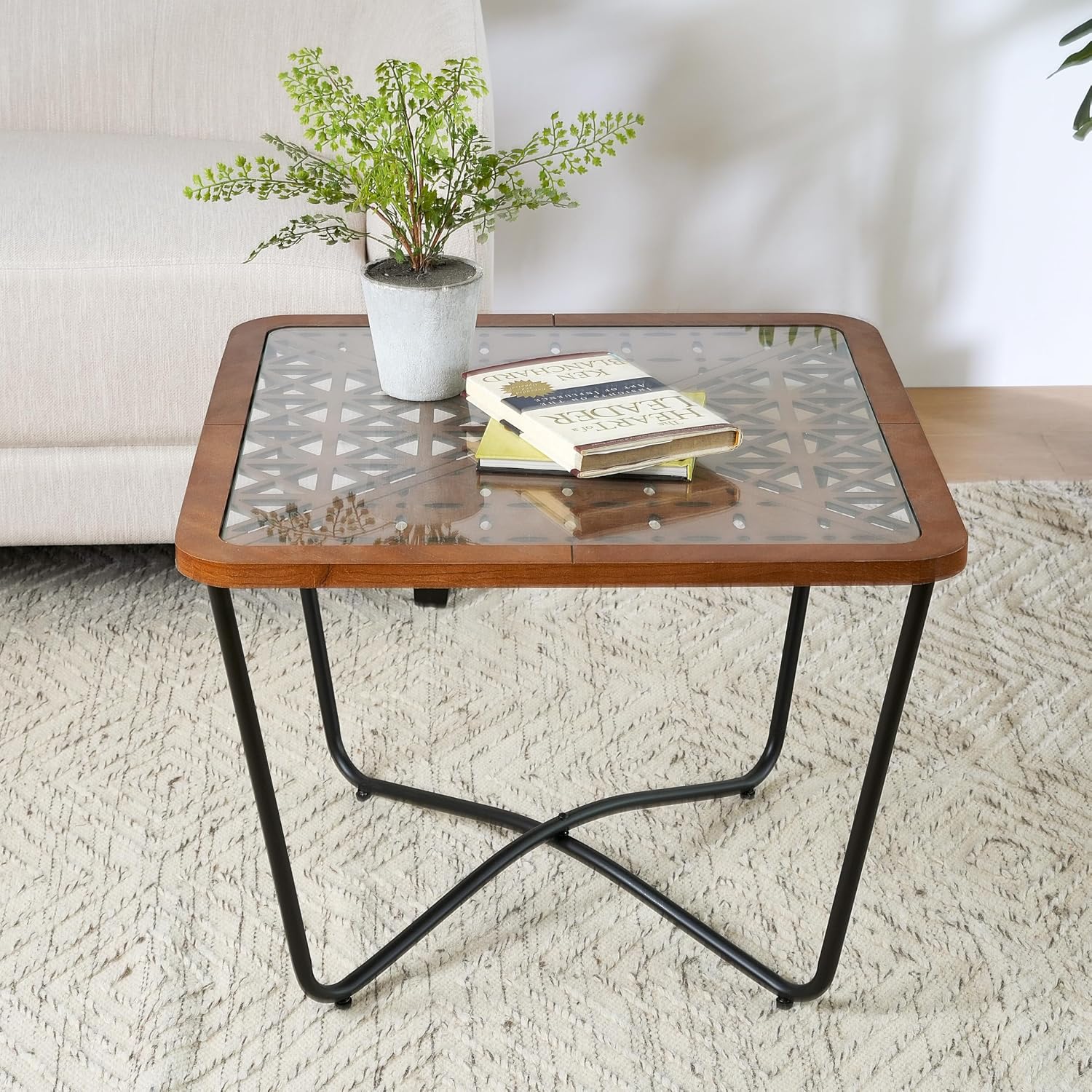Christopher Knight Home Lyle Industrial Coffee Table with Geometric Glass Top, 23.6" Square Modern Accent End Sofa Side Table for Living Room, Black Finish with Rustic Wood Edge, Brown+Black