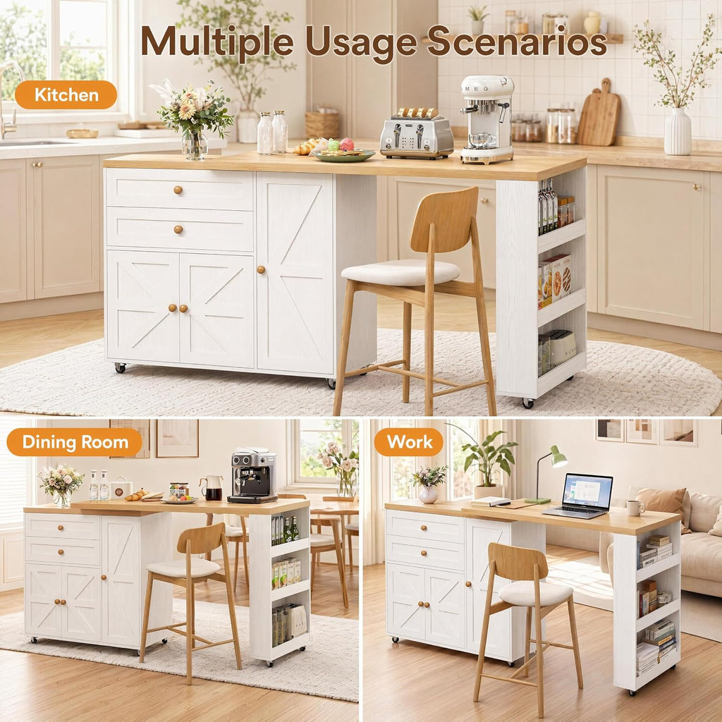 IRONCK Kitchen Island with 360° Swivel Table, 23.6 in Depth Mobile Kitchen Cart with Cabinet, Spice Rack and Drawers, White