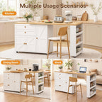 IRONCK Kitchen Island with 360° Swivel Table, 23.6 in Depth Mobile Kitchen Cart with Cabinet, Spice Rack and Drawers, White