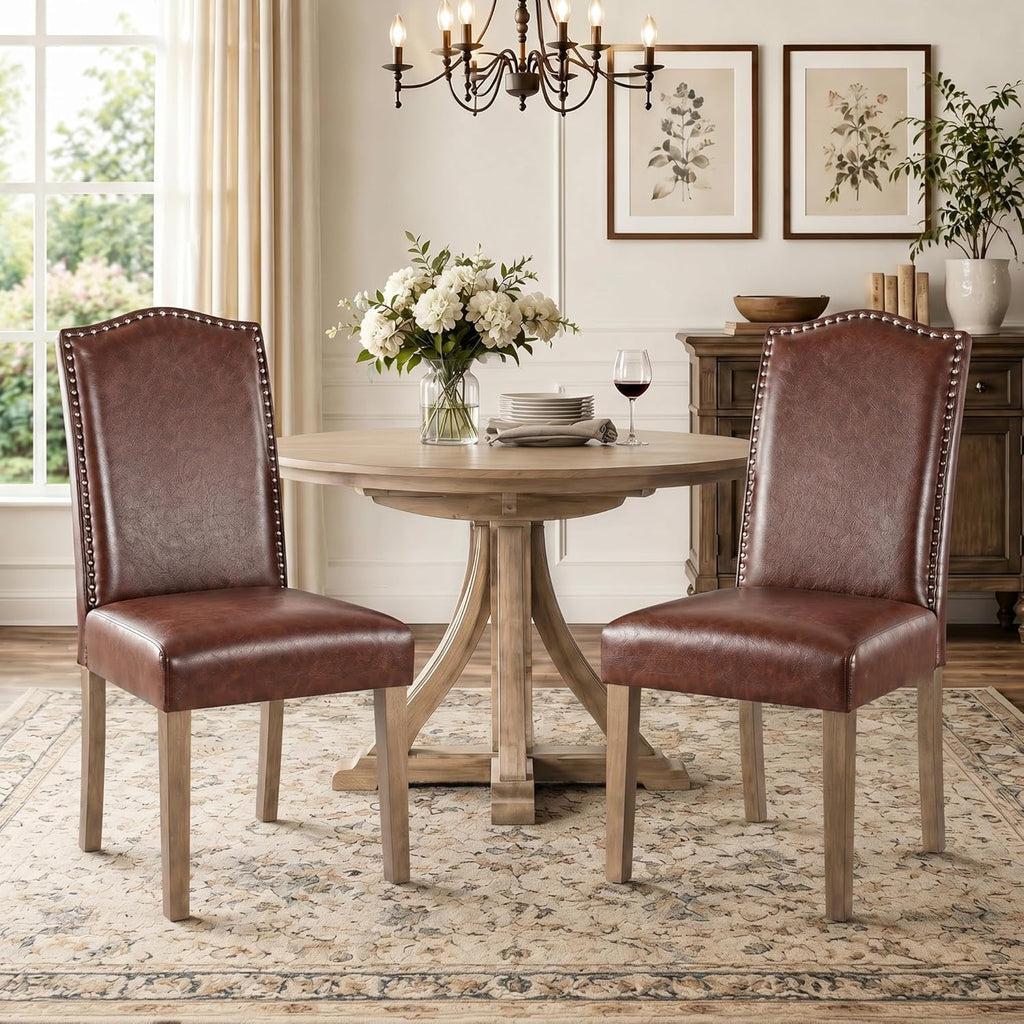 Upholstered Dining Chair Modern Stylish Parsons Kitchen Diner High Back with Silver Nailhead Trim & Wood Legs, Set of 2, PU Leather Dark Brown