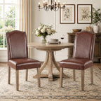 Upholstered Dining Chair Modern Stylish Parsons Kitchen Diner High Back with Silver Nailhead Trim & Wood Legs, Set of 2, PU Leather Dark Brown