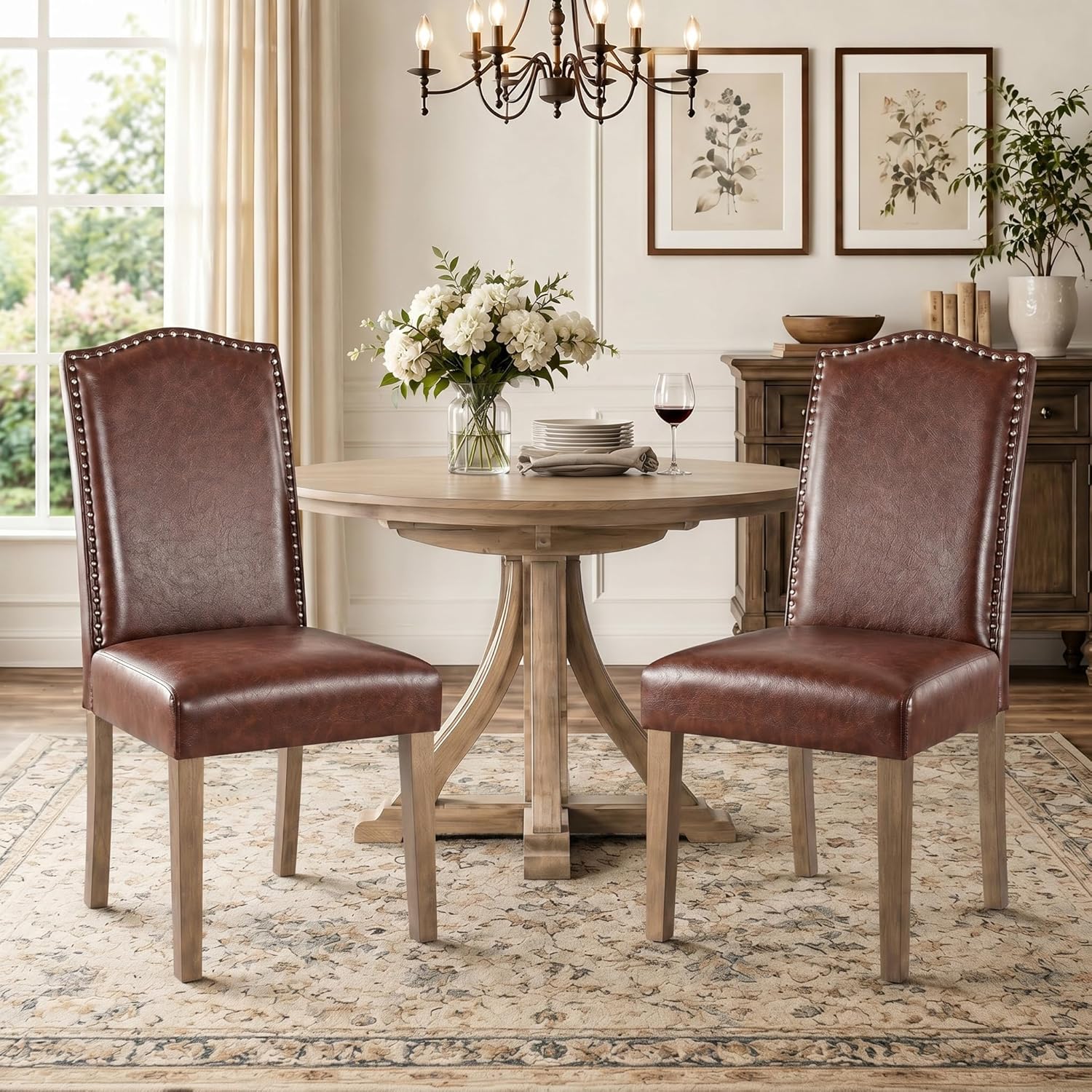 Upholstered Dining Chair Modern Stylish Parsons Kitchen Diner High Back with Silver Nailhead Trim & Wood Legs, Set of 2, PU Leather Dark Brown