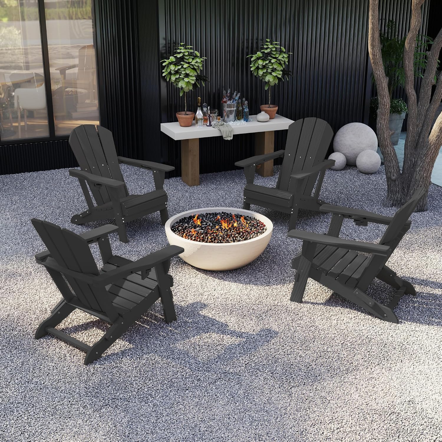 Kingdura Foldable Adirondack Chair, Portable HDPE All Weather Resistant Outdoor Patio Chair, Wooden Textured with Cup Holder, 380LBS Capacity for Poolside, Backyard, Deck, Fire Pit (Black)