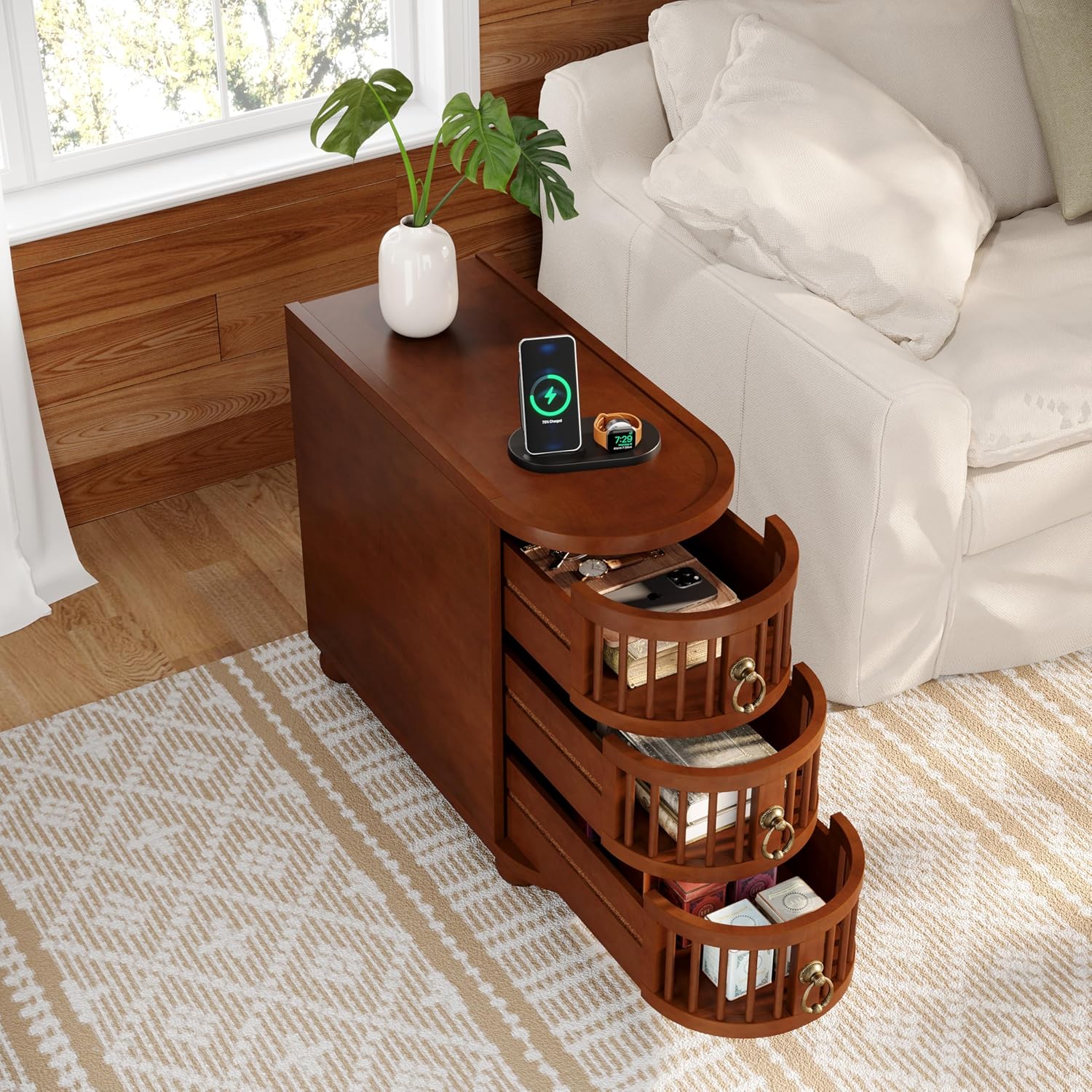 No Assembly Required 3-Drawer Wood End Table with Grooved Hollow Drawers and Premium Solid Wood Original Legs (1, Brown)