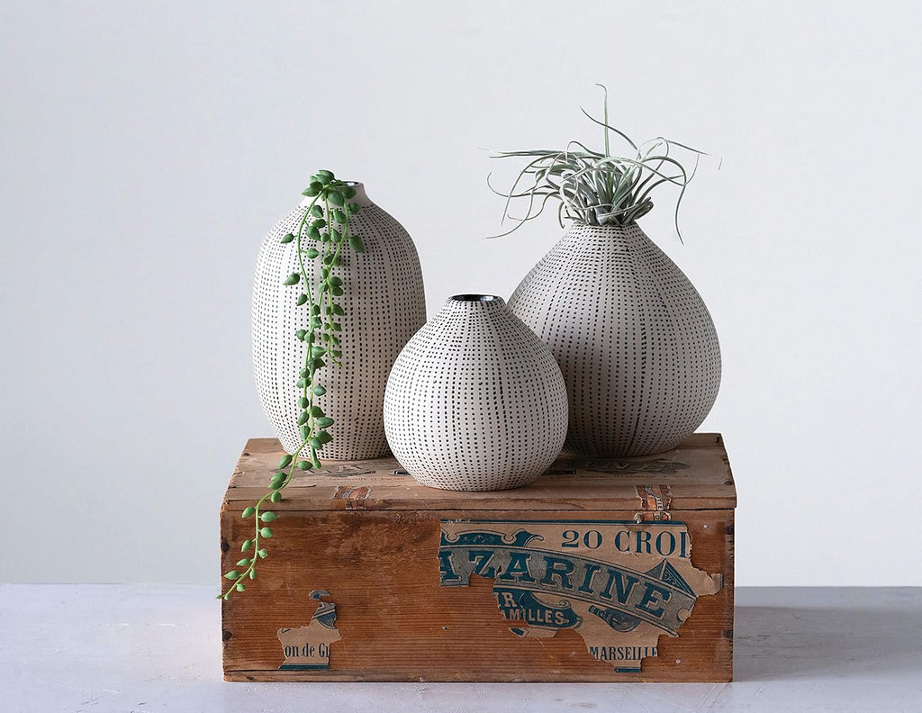 Creative Co-Op White Stoneware Vases with Textured Black Polka Dots (Set of 3 Sizes)