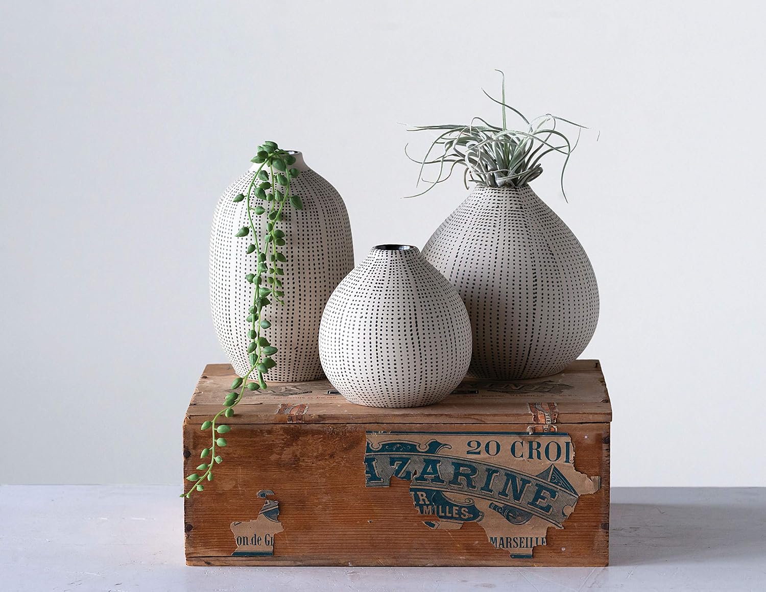 Creative Co-Op White Stoneware Vases with Textured Black Polka Dots (Set of 3 Sizes)