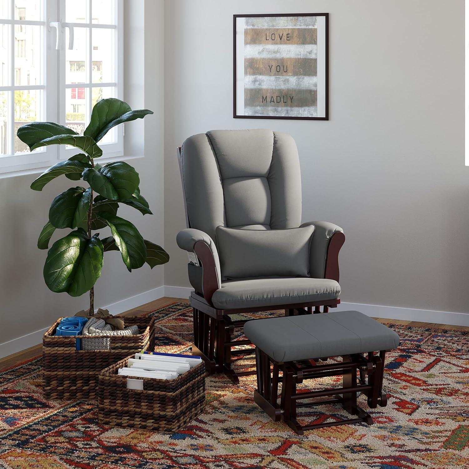 Storkcraft Tuscany Glider and Ottoman with Lumbar Pillow, Espresso/Gray | GREENGUARD Gold Certified, Bonus Lumbar Cushion Included, Solid Wood Base, Smooth Motion, Award-Winning Nursery Rocking Chair